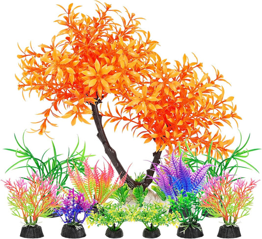 Artificial Aquarium Plants, Fish Tank Purple Tree Decoration Set, Plastic Accessories, 11pcs