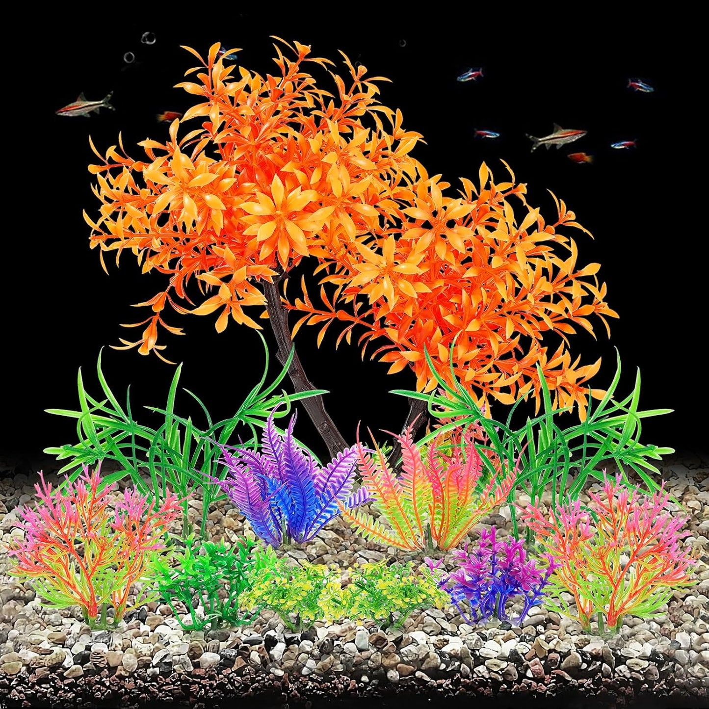 Artificial Aquarium Plants, Fish Tank Purple Tree Decoration Set, Plastic Accessories, 11pcs