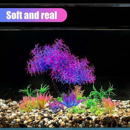 Artificial Aquarium Plants, Fish Tank Purple Tree Decoration Set, Plastic Accessories, 11pcs