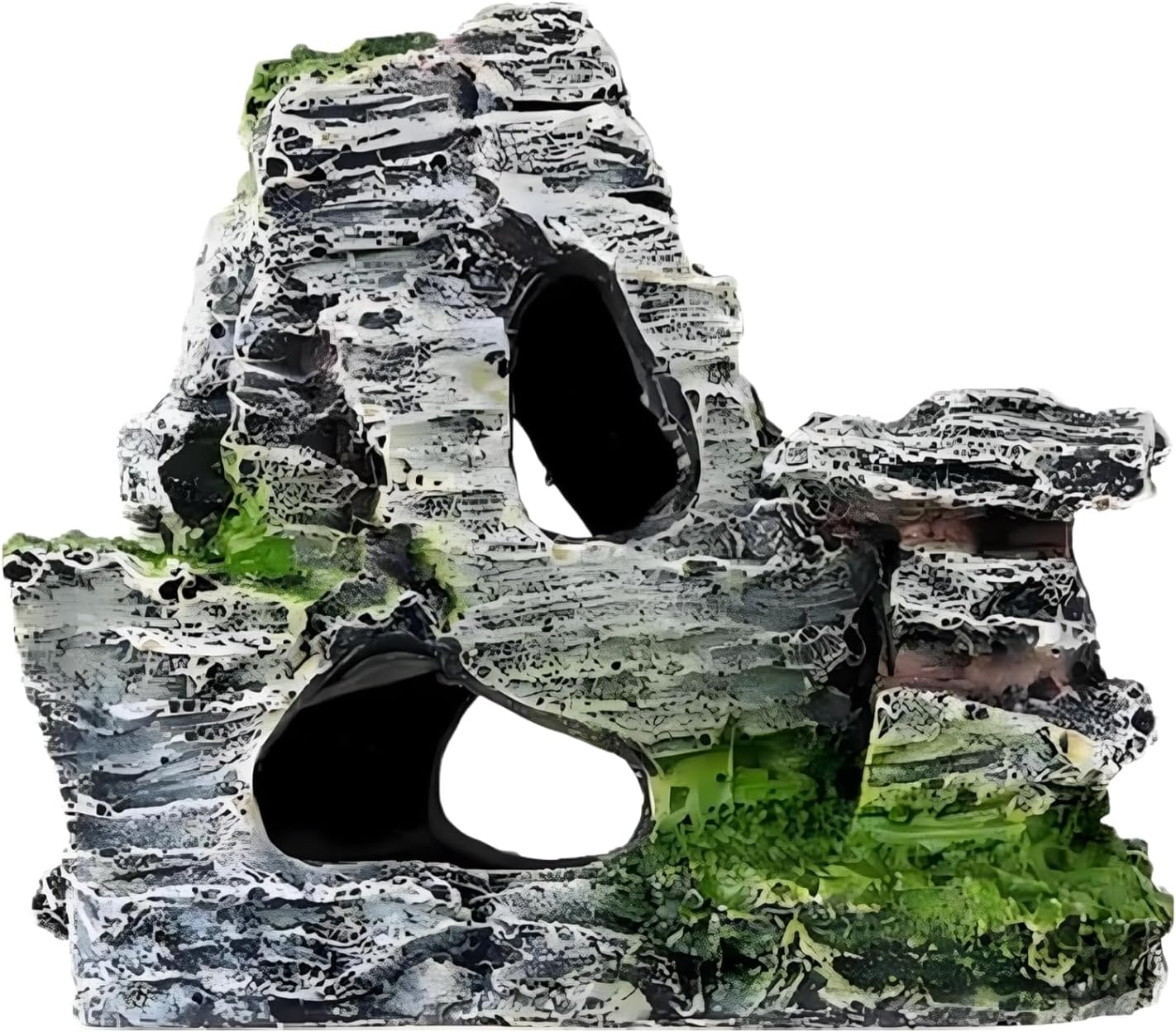 Resin Aquarium Mountain Decor with Moss Rock Cave - Multi-Level Terrain for Fish Tank Landscaping, Natural-Looking Rockery Design with Hidden Cave and Crevices for Shrimp, Reptile Habitat Aquascaping