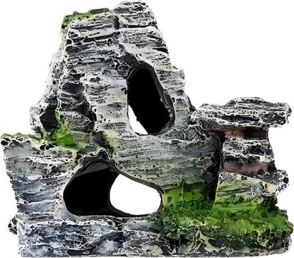 Resin Aquarium Mountain Decor with Moss Rock Cave - Multi-Level Terrain for Fish Tank Landscaping, Natural-Looking Rockery Design with Hidden Cave and Crevices for Shrimp, Reptile Habitat Aquascaping