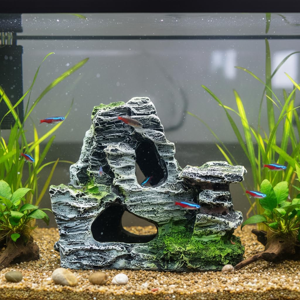 Resin Aquarium Mountain Decor with Moss Rock Cave - Multi-Level Terrain for Fish Tank Landscaping, Natural-Looking Rockery Design with Hidden Cave and Crevices for Shrimp, Reptile Habitat Aquascaping