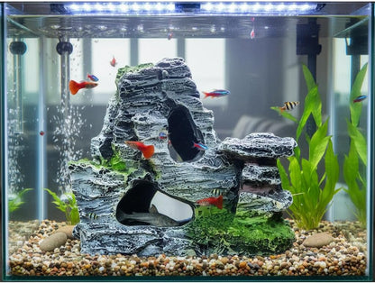 Resin Aquarium Mountain Decor with Moss Rock Cave - Multi-Level Terrain for Fish Tank Landscaping, Natural-Looking Rockery Design with Hidden Cave and Crevices for Shrimp, Reptile Habitat Aquascaping
