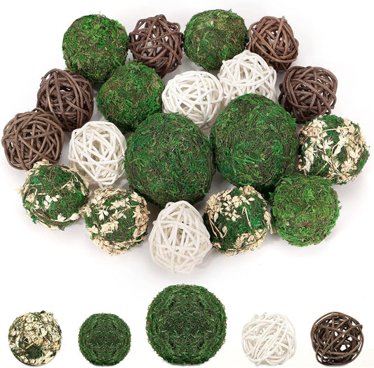 24 Pcs Decorative Moss Balls for Centerpiece Bowls - Assorted Sizes Fake Moss Balls+Wicker Rattan Balls+Flower Balls, Artificial Greenery Vase Fillers for Home Garden Farmhouse Rustic Decor