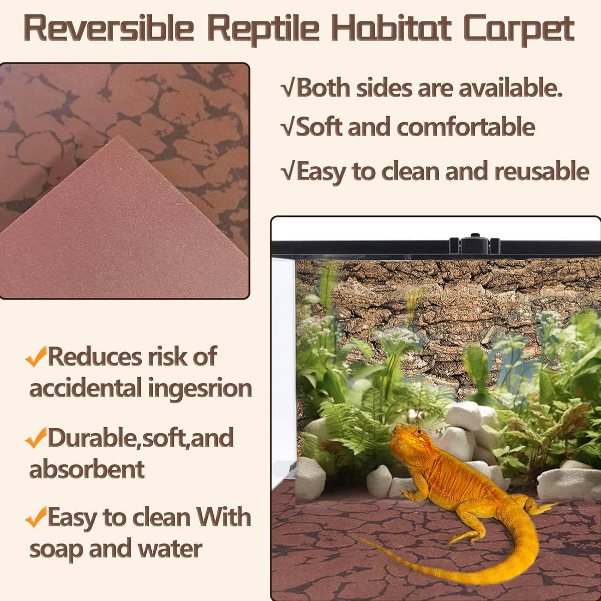2 PCS Reptile Carpet Mat Terrarium Liner Bedding Reptile Cage Mat Supplies for Tortoise Lizard Leopard Gecko Snake Chameleon 23.6’’ x 15.7’’