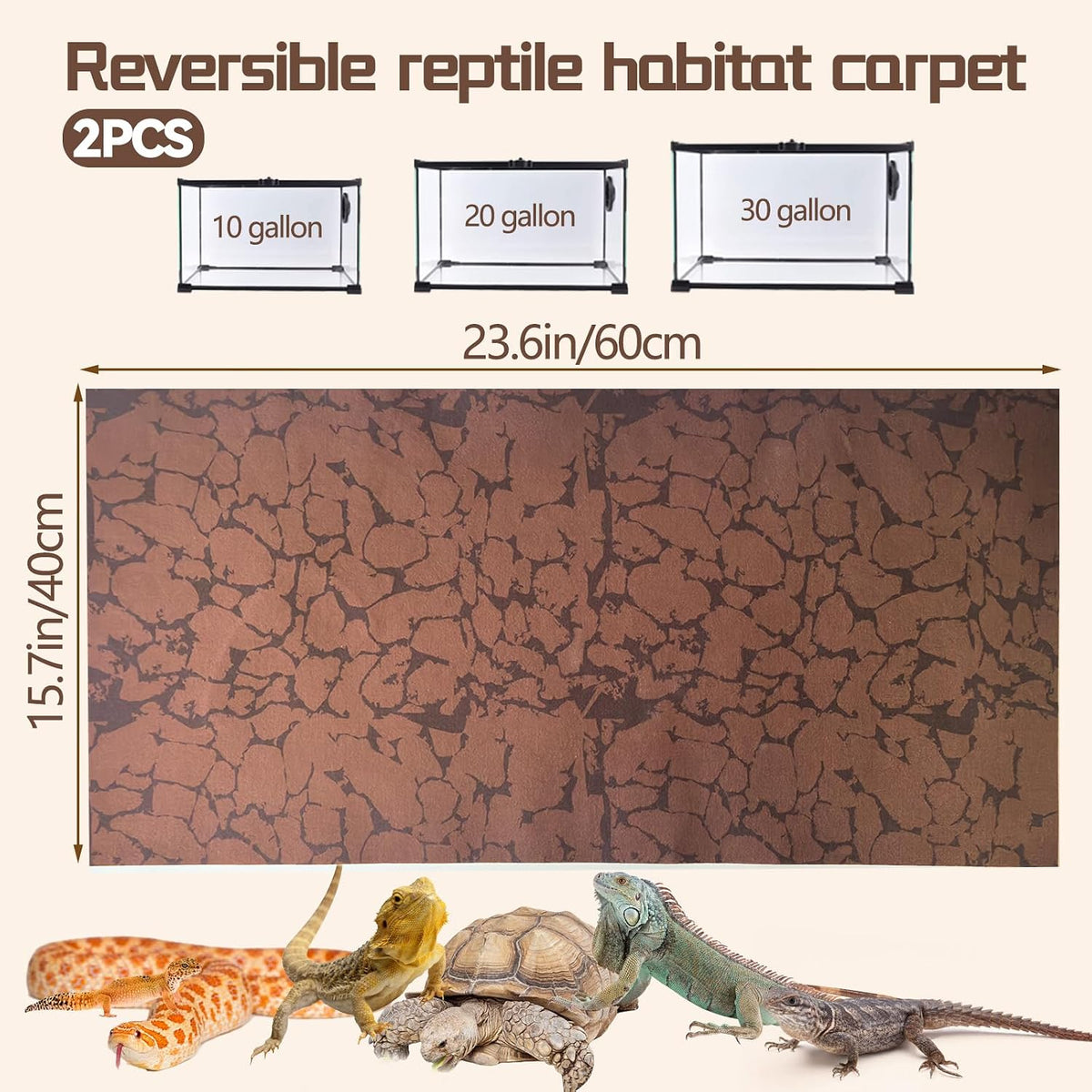 2 PCS Reptile Carpet Mat Terrarium Liner Bedding Reptile Cage Mat Supplies for Tortoise Lizard Leopard Gecko Snake Chameleon 23.6’’ x 15.7’’