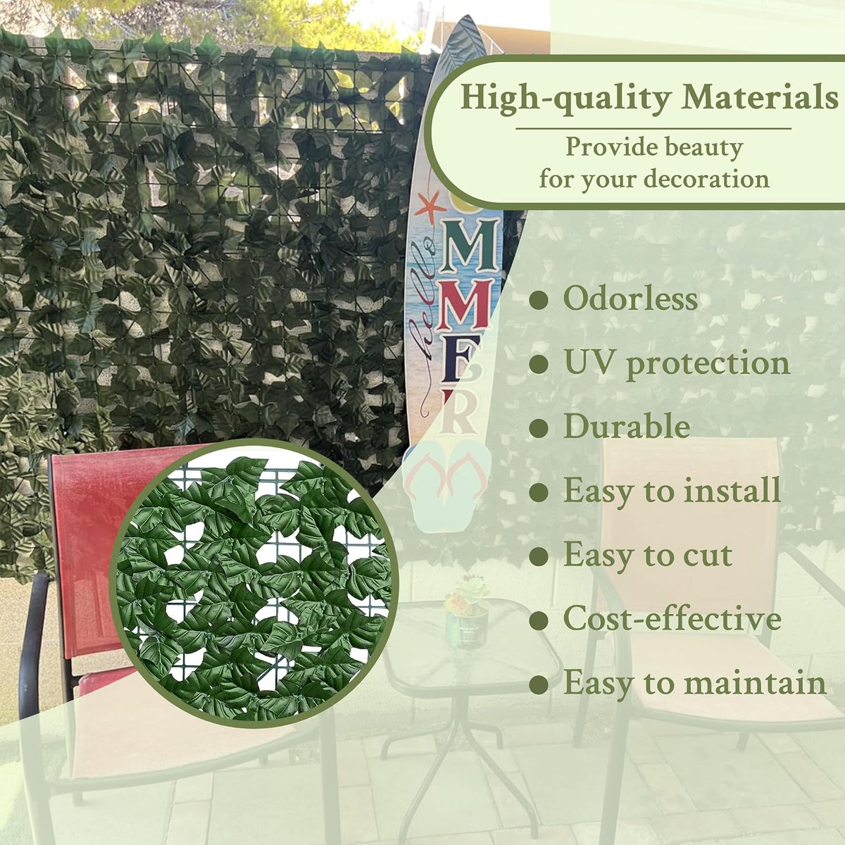 ODTORY Artificial Ivy Privacy Screen Fence Panel, Green 40 X 120 in