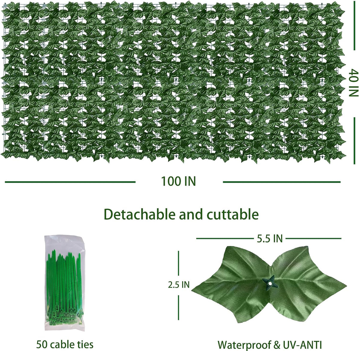 ODTORY Artificial Ivy Privacy Screen Fence Panel, Green 40 X 120 in
