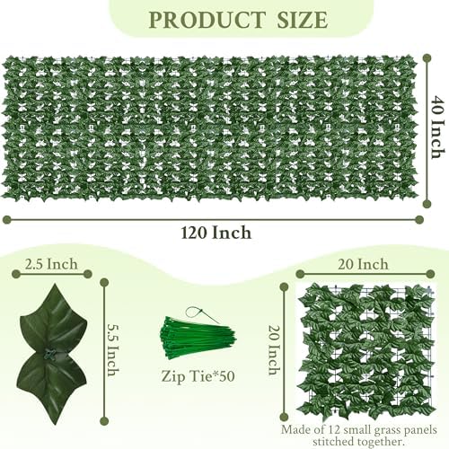 ODTORY Artificial Ivy Privacy Screen Fence Panel, Green 40 X 120 in