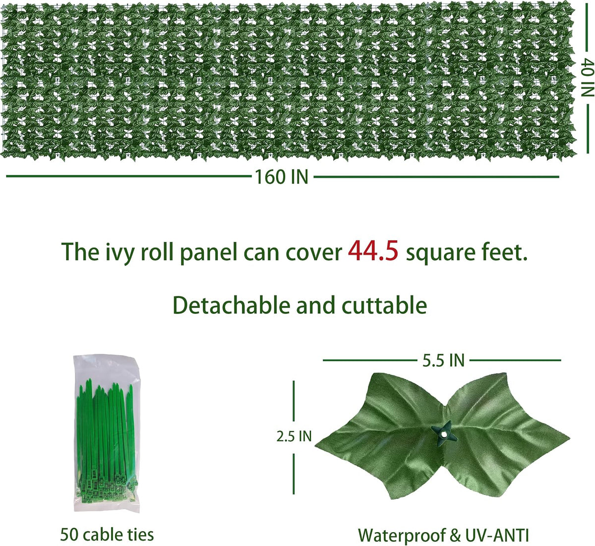 ODTORY Artificial Ivy Privacy Screen Fence Panel, Green 40 X 120 in