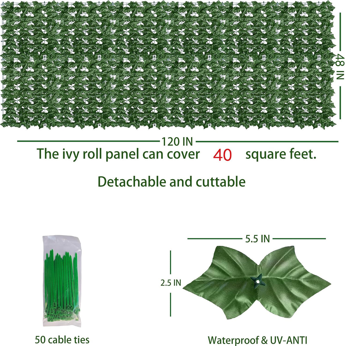 ODTORY Artificial Ivy Privacy Screen Fence Panel, Green 40 X 120 in