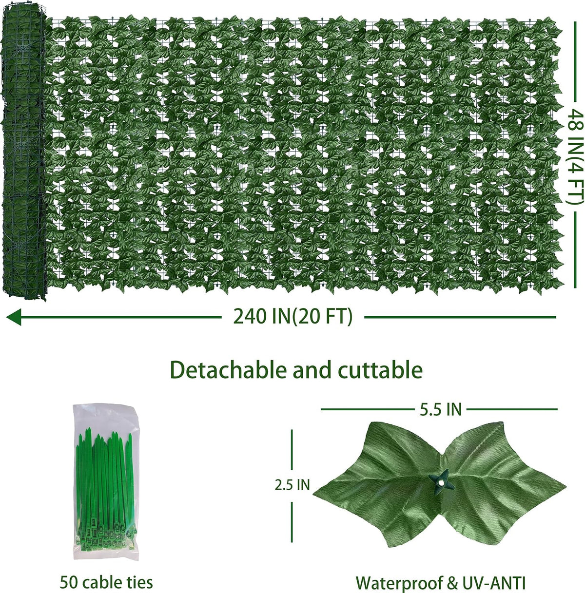 ODTORY Artificial Ivy Privacy Screen Fence Panel, Green 40 X 120 in