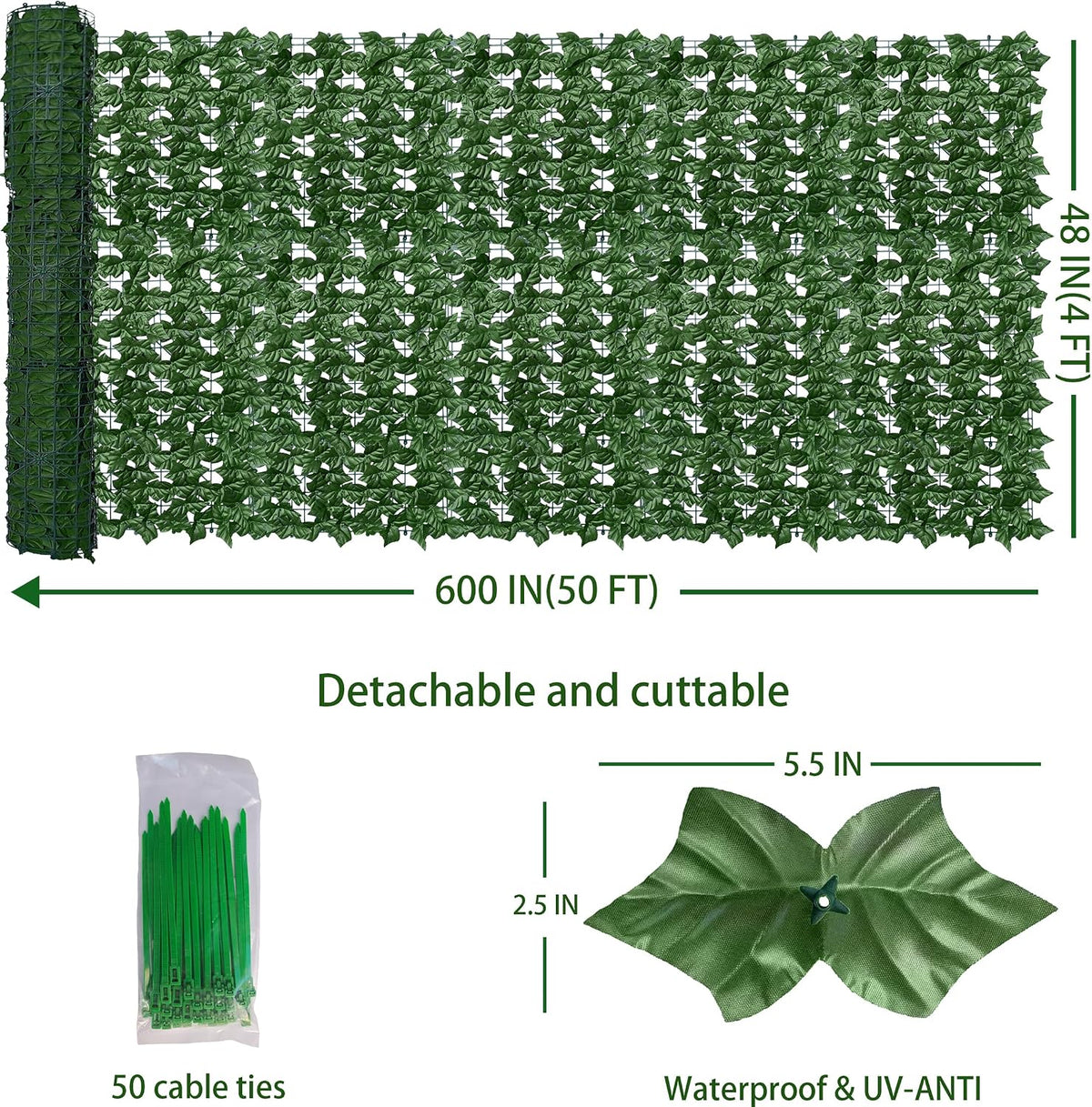 ODTORY Artificial Ivy Privacy Screen Fence Panel, Green 40 X 120 in
