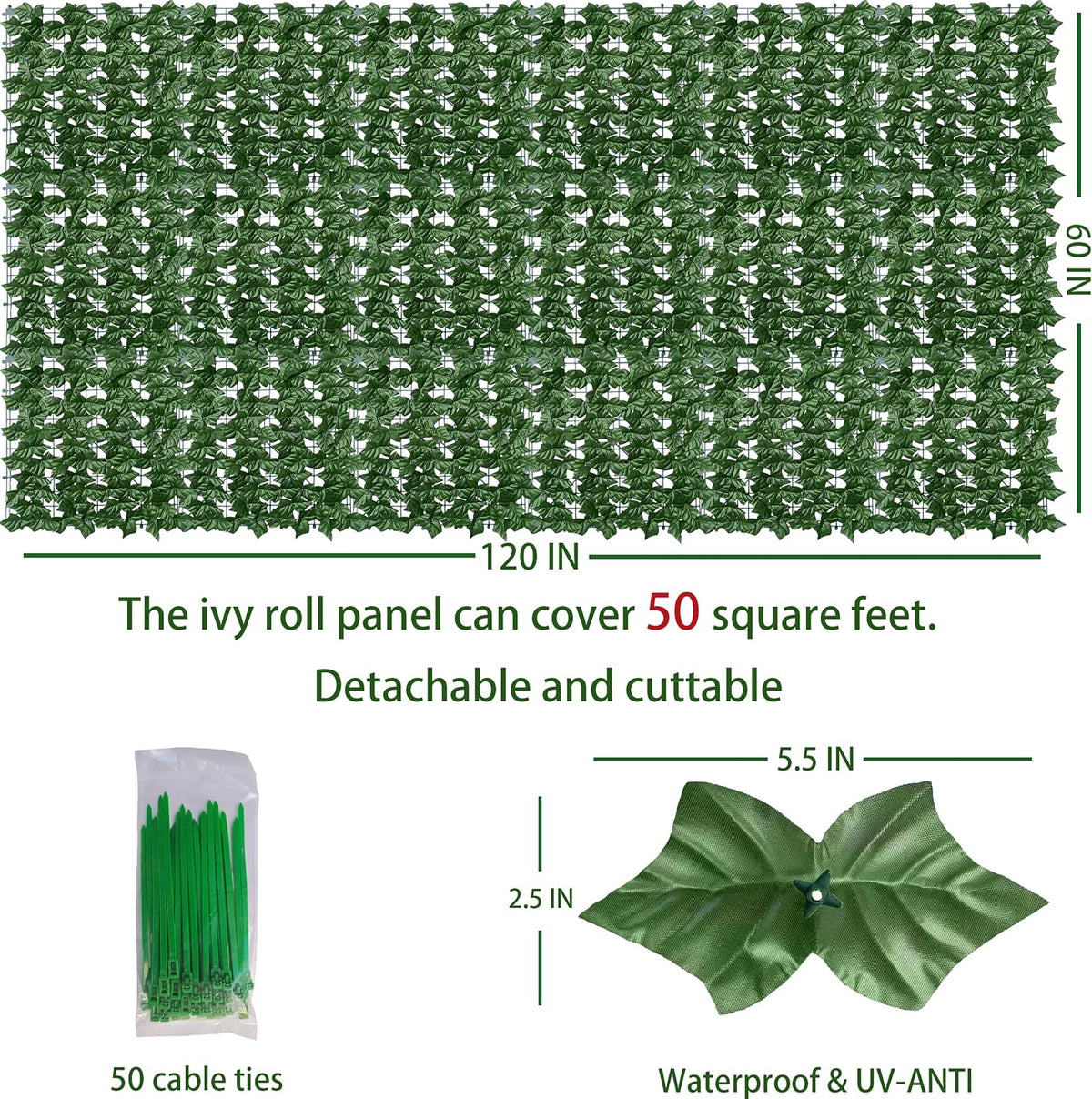 ODTORY Artificial Ivy Privacy Screen Fence Panel, Green 40 X 120 in