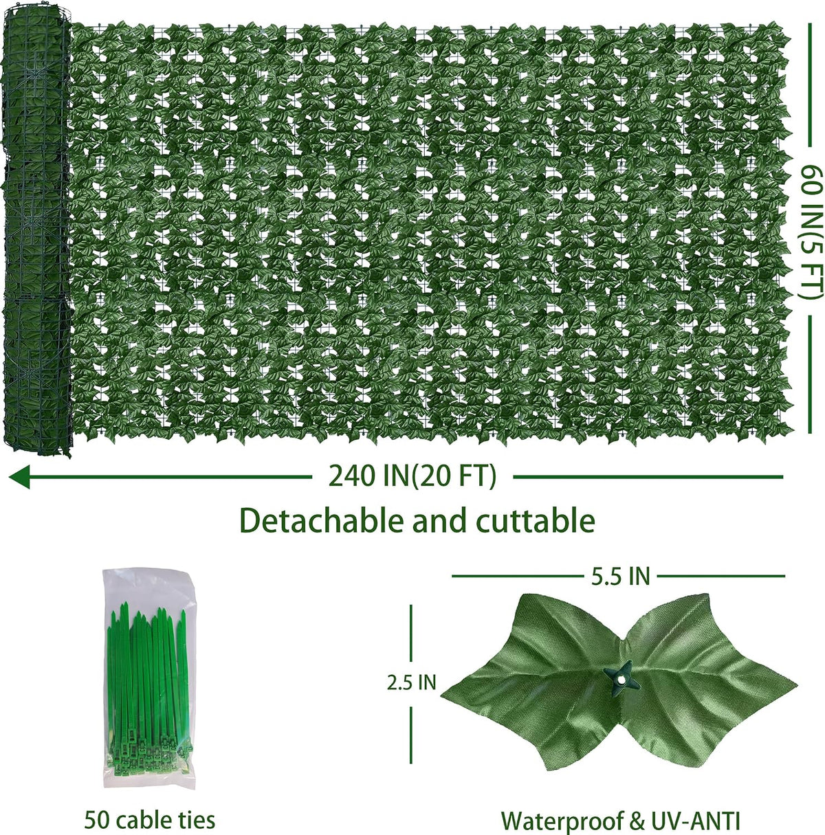 ODTORY Artificial Ivy Privacy Screen Fence Panel, Green 40 X 120 in