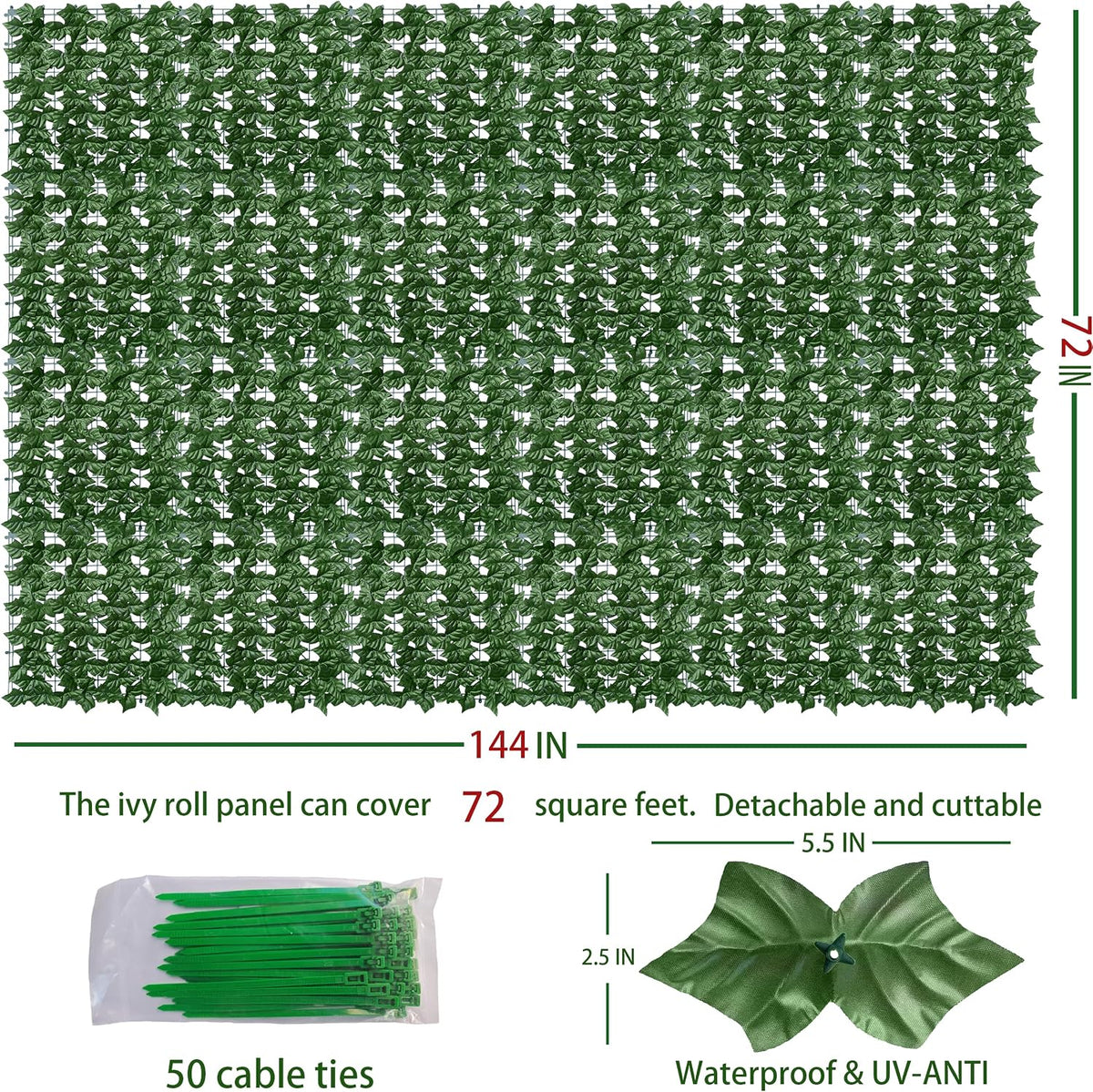 ODTORY Artificial Ivy Privacy Screen Fence Panel, Green 40 X 120 in