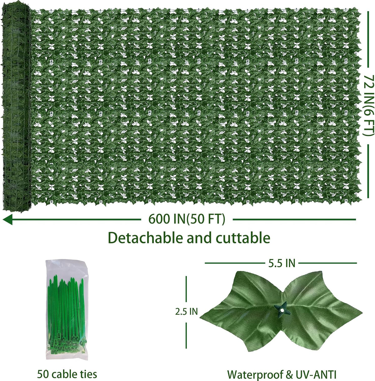 ODTORY Artificial Ivy Privacy Screen Fence Panel, Green 40 X 120 in