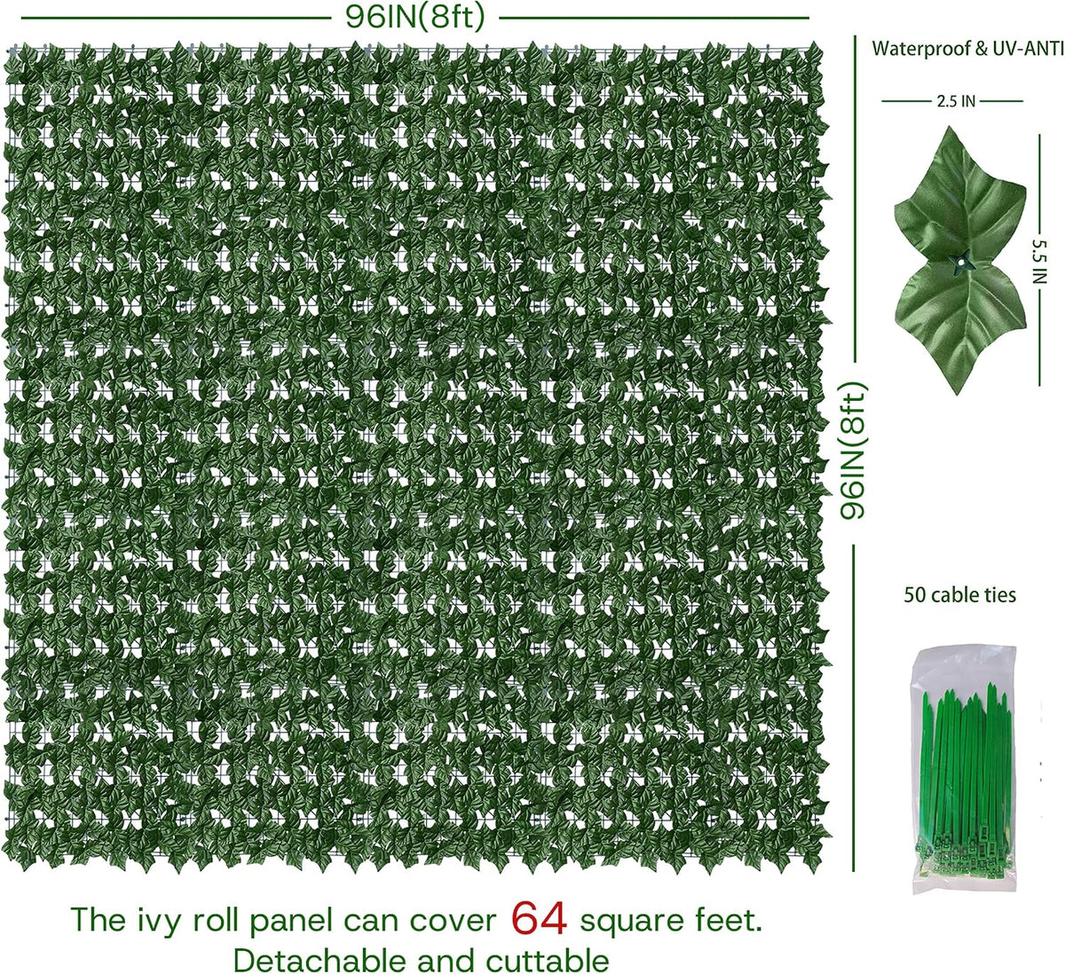 ODTORY Artificial Ivy Privacy Screen Fence Panel, Green 40 X 120 in