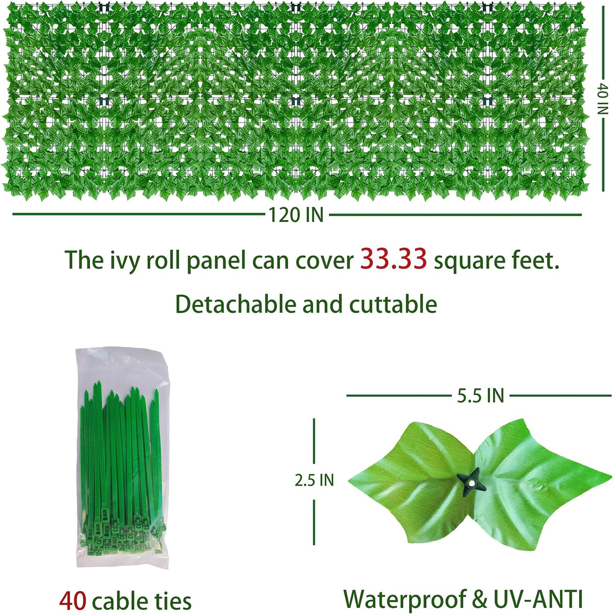 ODTORY Artificial Ivy Privacy Screen Fence Panel, Green 40 X 120 in