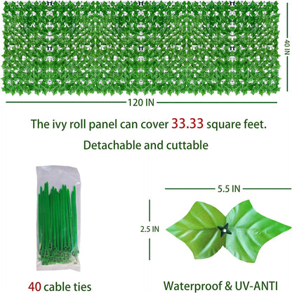 ODTORY Artificial Ivy Privacy Screen Fence Panel, Green 40 X 120 in