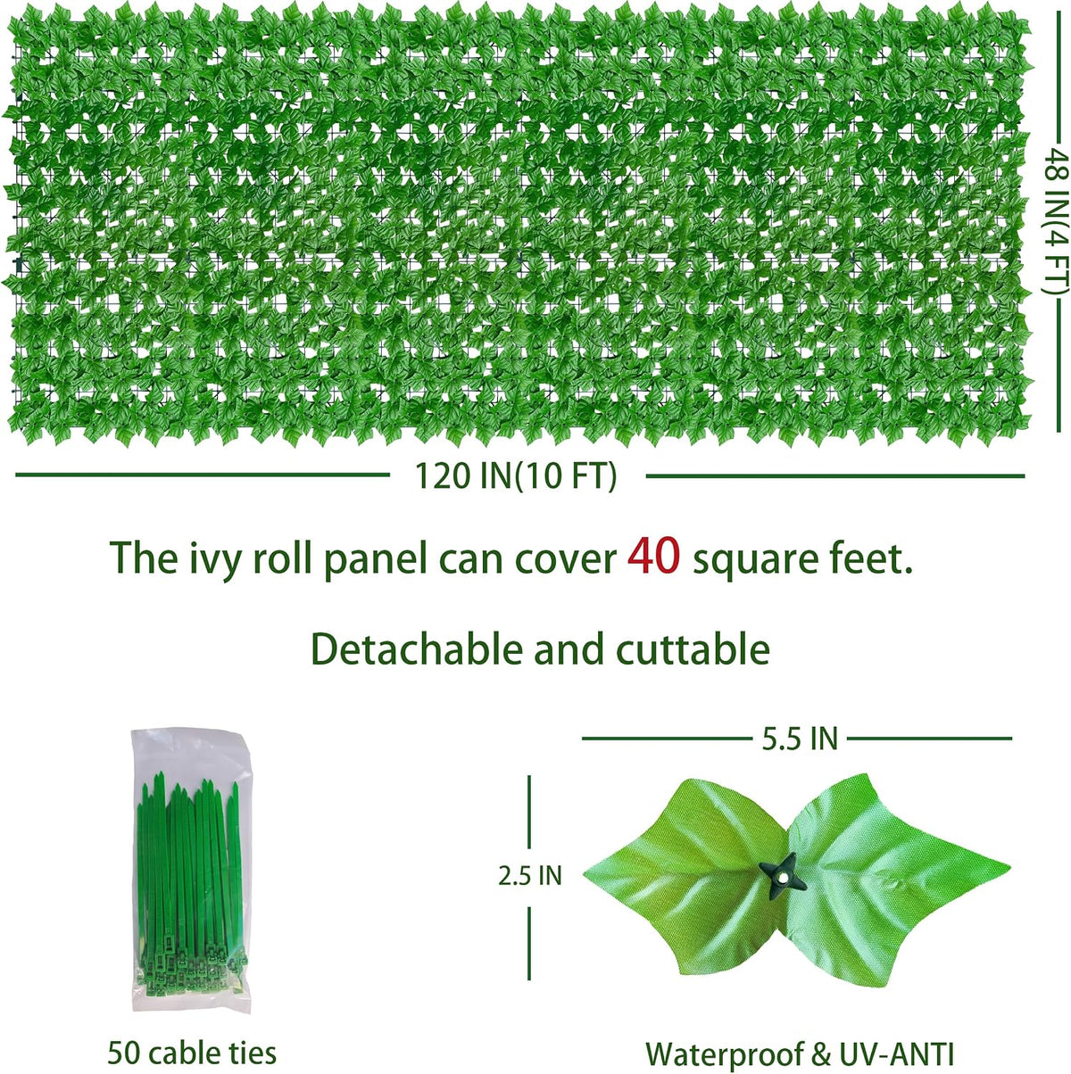 ODTORY Artificial Ivy Privacy Screen Fence Panel, Green 40 X 120 in