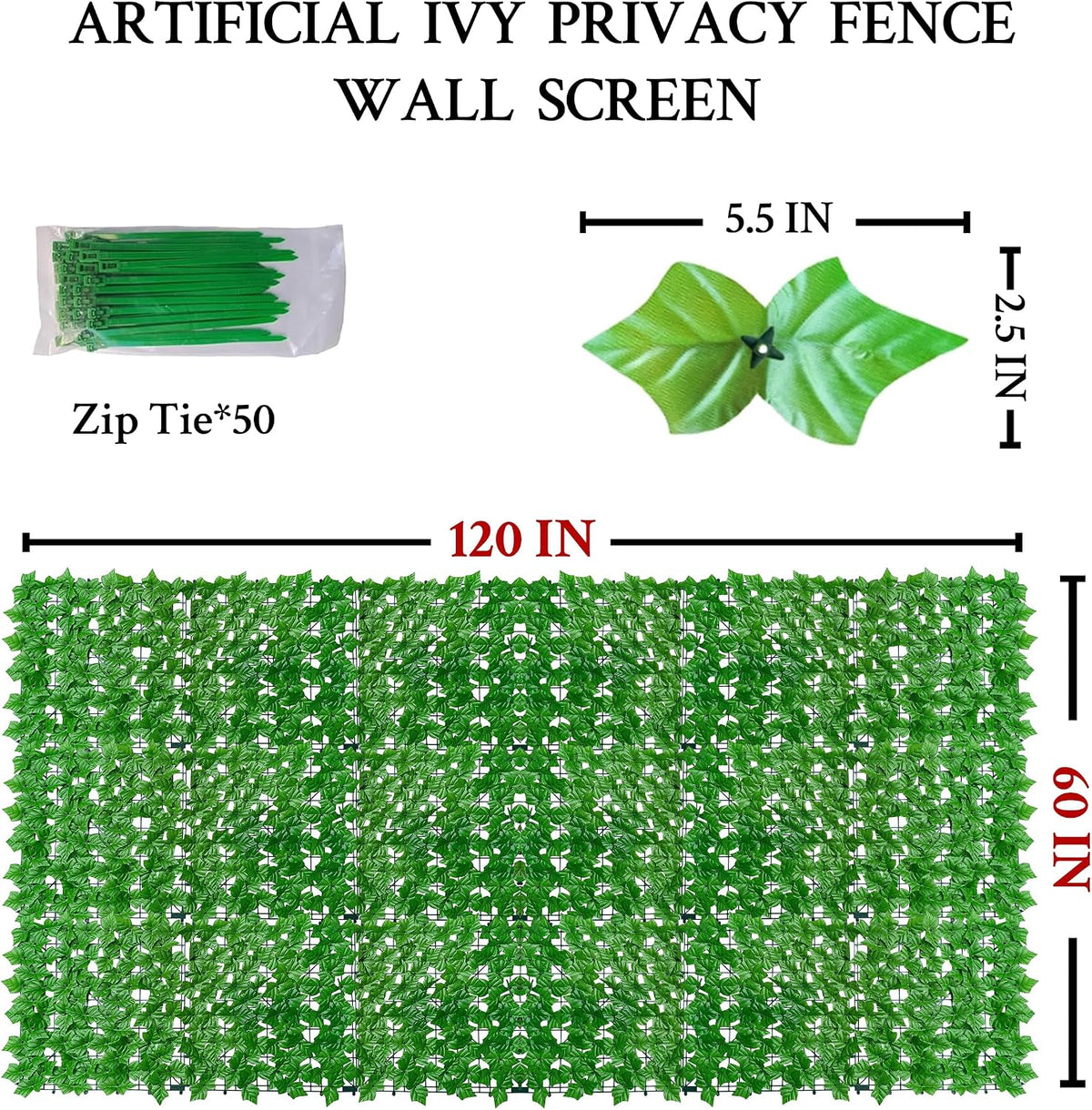 ODTORY Artificial Ivy Privacy Screen Fence Panel, Green 40 X 120 in