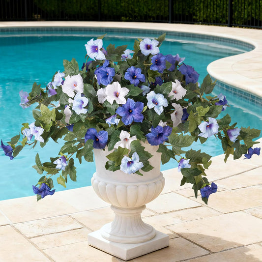 Artificial Fake Flowers Plants for Outdoor Decoration, Faux Petunias Silk Flower UV Resistant No Fade for Home Outside Garden Balcony Yard Porch Realistic Indoor Decor (Purple White)