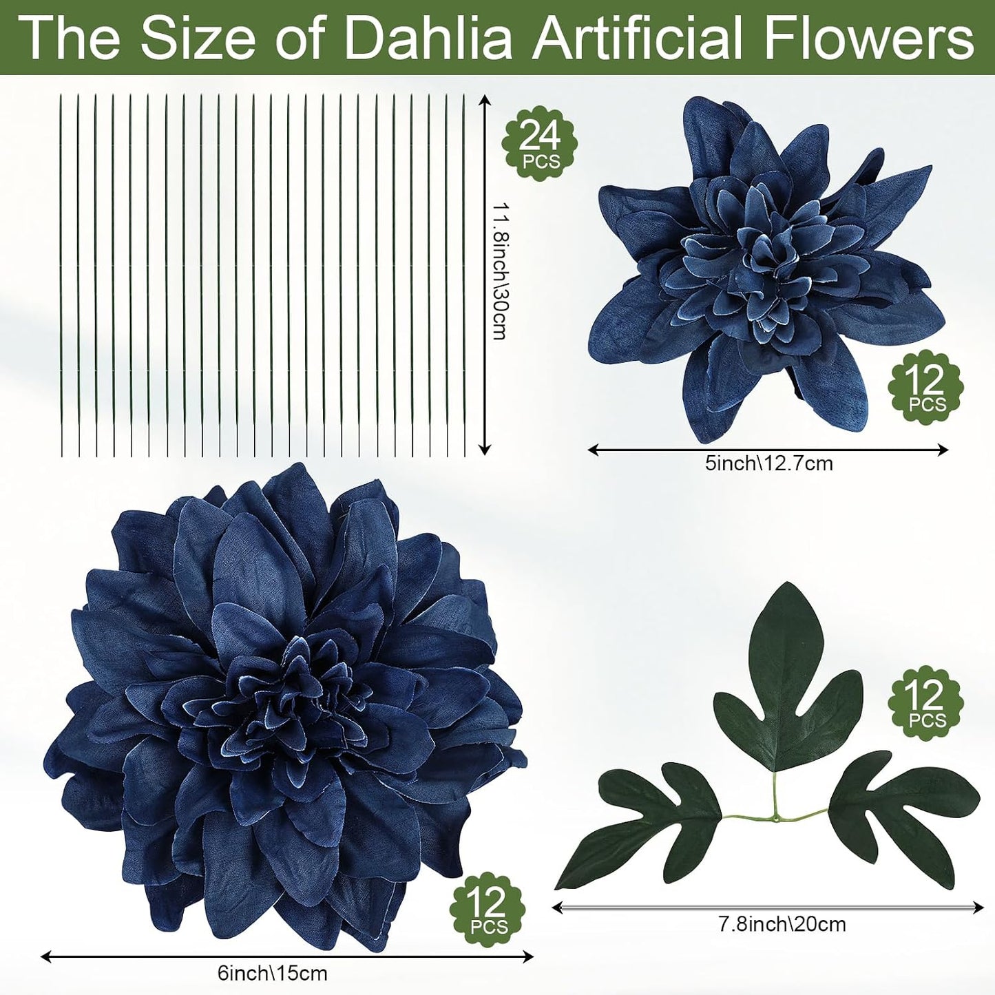 Dahlia Artificial Flowers - 24 PCS Faux Silk Floral with Stem Bulk for Crafts DIY Bridal Bouquets Wedding Arrangements Party Baby Shower Table Centerpieces Home Decor - Navy Blue