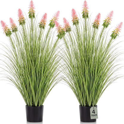 2 Pieces Faux Plants Outdoor 4 ft Horsetail Reed Grass with Yellow Cockscomb Flower Tall Artificial Grass Plant Potted Faux Greenery Floor Plant for Housewarming Gift House Garden Lobby Outdoor