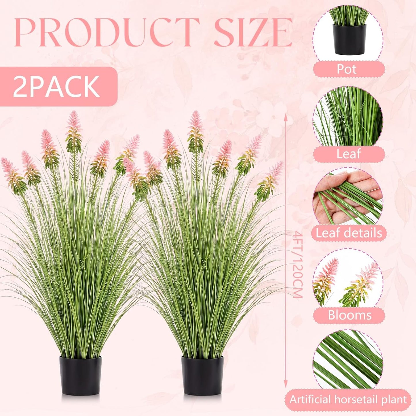 2 Pieces Faux Plants Outdoor 4 ft Horsetail Reed Grass with Yellow Cockscomb Flower Tall Artificial Grass Plant Potted Faux Greenery Floor Plant for Housewarming Gift House Garden Lobby Outdoor