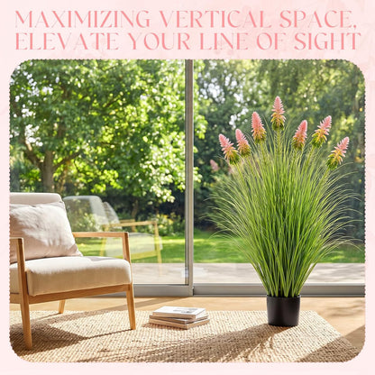 2 Pieces Faux Plants Outdoor 4 ft Horsetail Reed Grass with Yellow Cockscomb Flower Tall Artificial Grass Plant Potted Faux Greenery Floor Plant for Housewarming Gift House Garden Lobby Outdoor