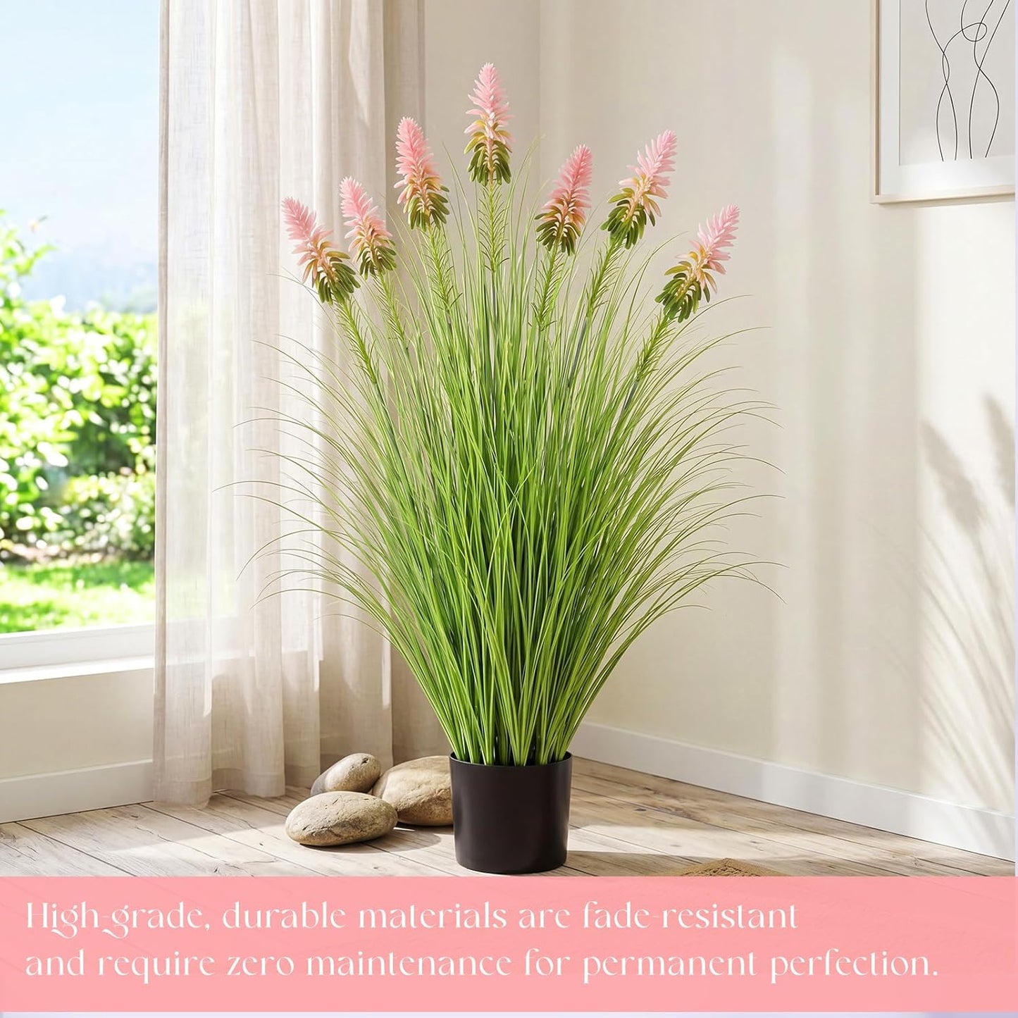 2 Pieces Faux Plants Outdoor 4 ft Horsetail Reed Grass with Yellow Cockscomb Flower Tall Artificial Grass Plant Potted Faux Greenery Floor Plant for Housewarming Gift House Garden Lobby Outdoor