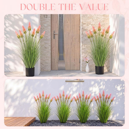 2 Pieces Faux Plants Outdoor 4 ft Horsetail Reed Grass with Yellow Cockscomb Flower Tall Artificial Grass Plant Potted Faux Greenery Floor Plant for Housewarming Gift House Garden Lobby Outdoor