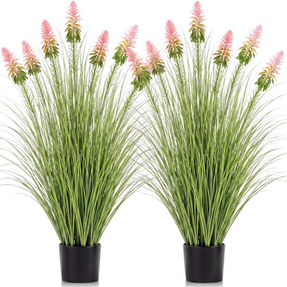 2 Pieces Faux Plants Outdoor 4 ft Horsetail Reed Grass with Yellow Cockscomb Flower Tall Artificial Grass Plant Potted Faux Greenery Floor Plant for Housewarming Gift House Garden Lobby Outdoor