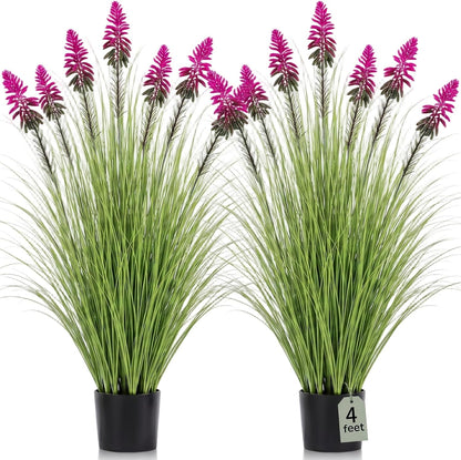 2 Pieces Faux Plants Outdoor 4 ft Horsetail Reed Grass with Yellow Cockscomb Flower Tall Artificial Grass Plant Potted Faux Greenery Floor Plant for Housewarming Gift House Garden Lobby Outdoor