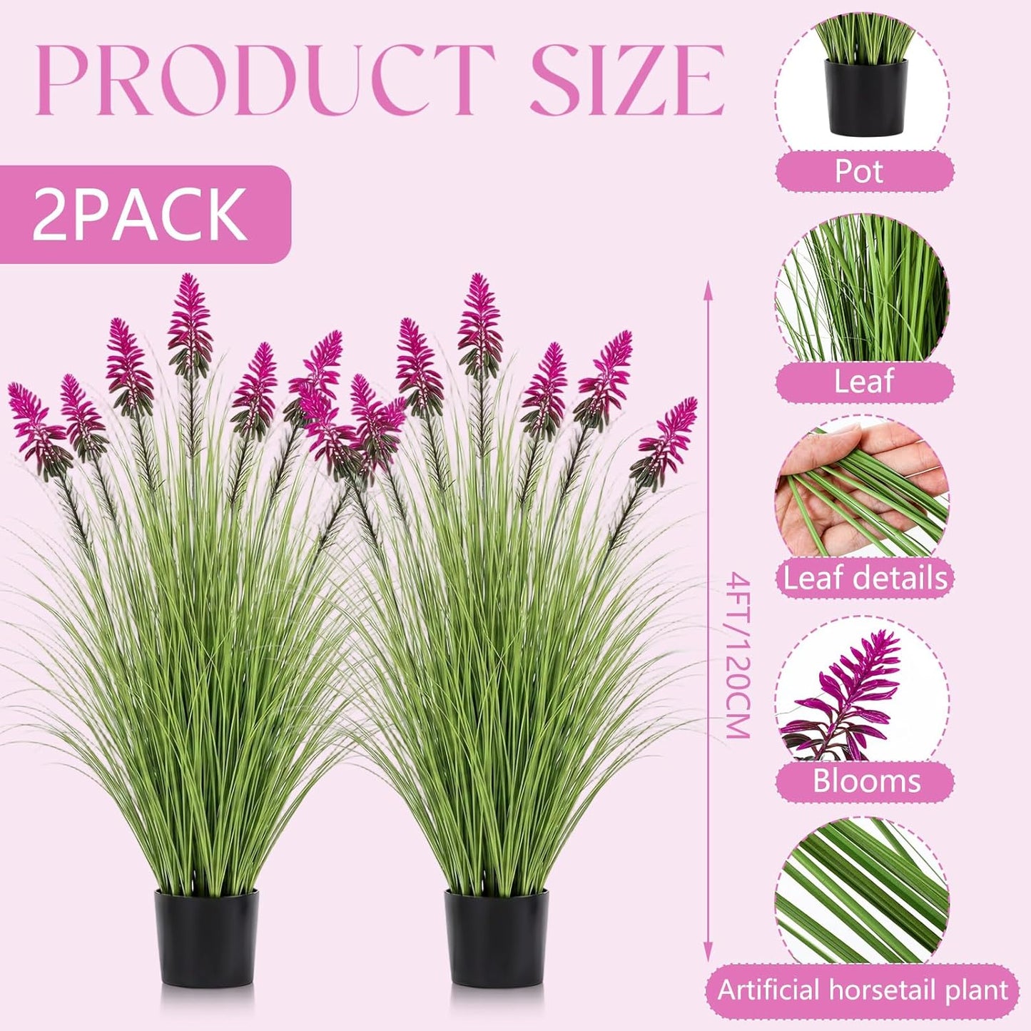 2 Pieces Faux Plants Outdoor 4 ft Horsetail Reed Grass with Yellow Cockscomb Flower Tall Artificial Grass Plant Potted Faux Greenery Floor Plant for Housewarming Gift House Garden Lobby Outdoor