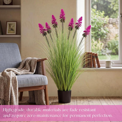 2 Pieces Faux Plants Outdoor 4 ft Horsetail Reed Grass with Yellow Cockscomb Flower Tall Artificial Grass Plant Potted Faux Greenery Floor Plant for Housewarming Gift House Garden Lobby Outdoor