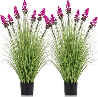 2 Pieces Faux Plants Outdoor 4 ft Horsetail Reed Grass with Yellow Cockscomb Flower Tall Artificial Grass Plant Potted Faux Greenery Floor Plant for Housewarming Gift House Garden Lobby Outdoor