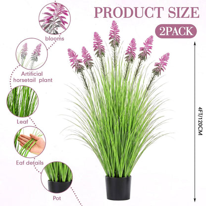 2 Pieces Faux Plants Outdoor 4 ft Horsetail Reed Grass with Yellow Cockscomb Flower Tall Artificial Grass Plant Potted Faux Greenery Floor Plant for Housewarming Gift House Garden Lobby Outdoor