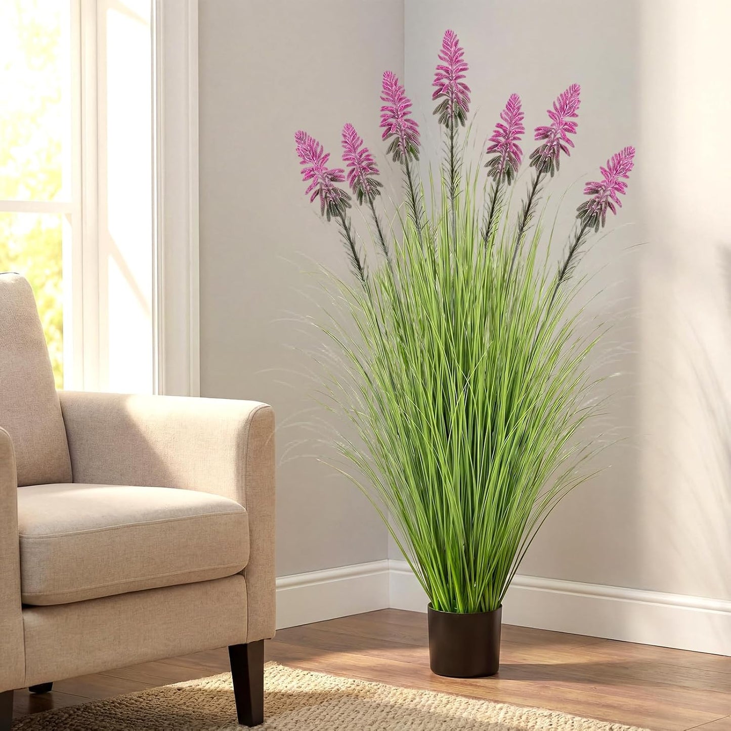 2 Pieces Faux Plants Outdoor 4 ft Horsetail Reed Grass with Yellow Cockscomb Flower Tall Artificial Grass Plant Potted Faux Greenery Floor Plant for Housewarming Gift House Garden Lobby Outdoor