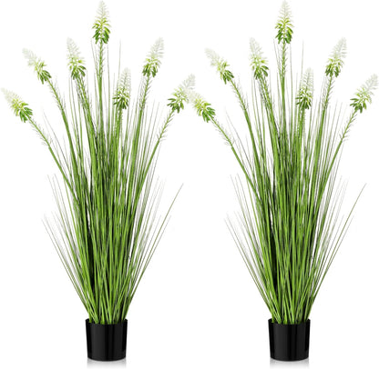 2 Pieces Faux Plants Outdoor 4 ft Horsetail Reed Grass with Yellow Cockscomb Flower Tall Artificial Grass Plant Potted Faux Greenery Floor Plant for Housewarming Gift House Garden Lobby Outdoor