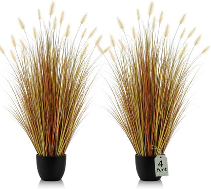 2 Pieces Faux Plants Outdoor 4 ft Horsetail Reed Grass with Yellow Cockscomb Flower Tall Artificial Grass Plant Potted Faux Greenery Floor Plant for Housewarming Gift House Garden Lobby Outdoor
