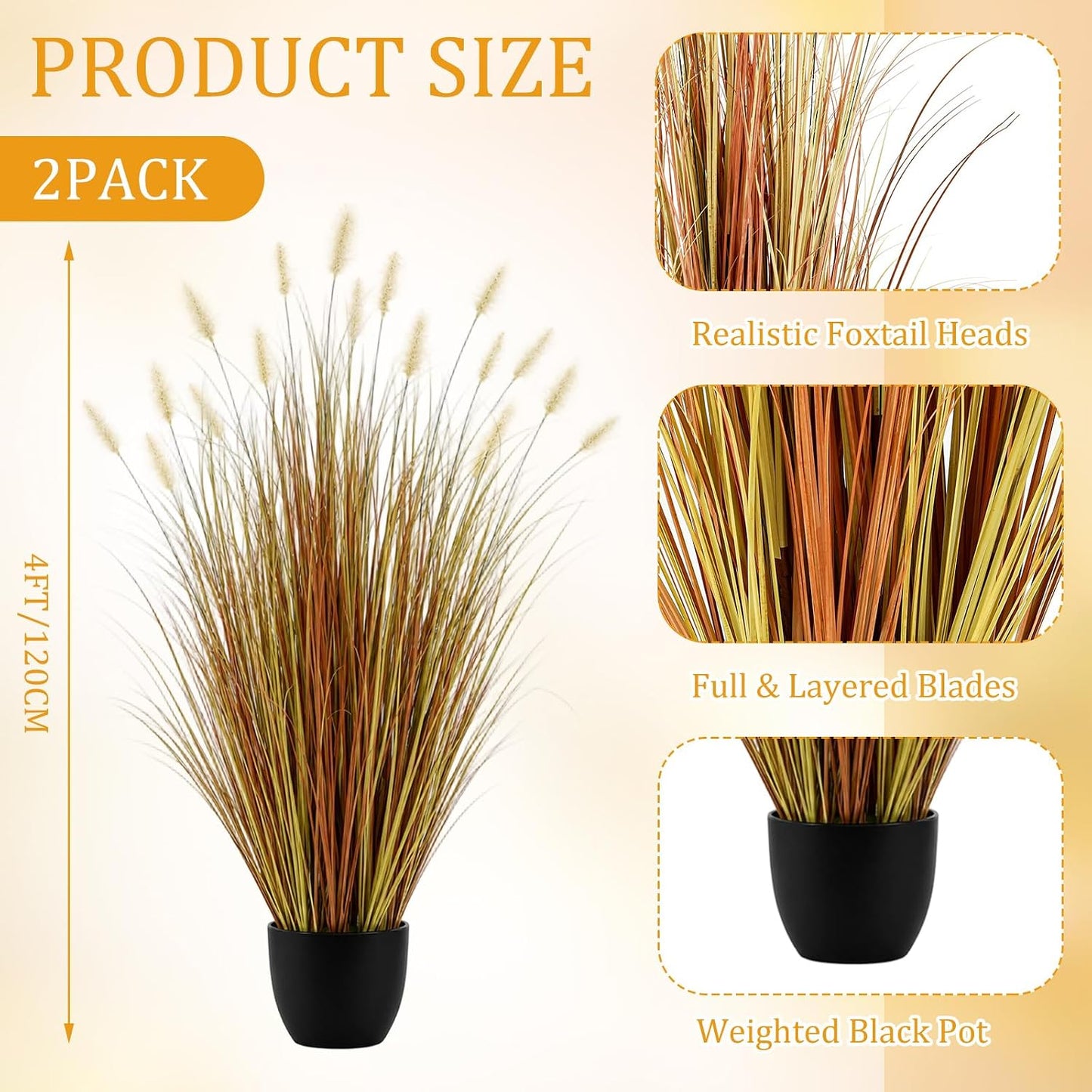 2 Pieces Faux Plants Outdoor 4 ft Horsetail Reed Grass with Yellow Cockscomb Flower Tall Artificial Grass Plant Potted Faux Greenery Floor Plant for Housewarming Gift House Garden Lobby Outdoor