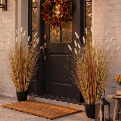 2 Pieces Faux Plants Outdoor 4 ft Horsetail Reed Grass with Yellow Cockscomb Flower Tall Artificial Grass Plant Potted Faux Greenery Floor Plant for Housewarming Gift House Garden Lobby Outdoor