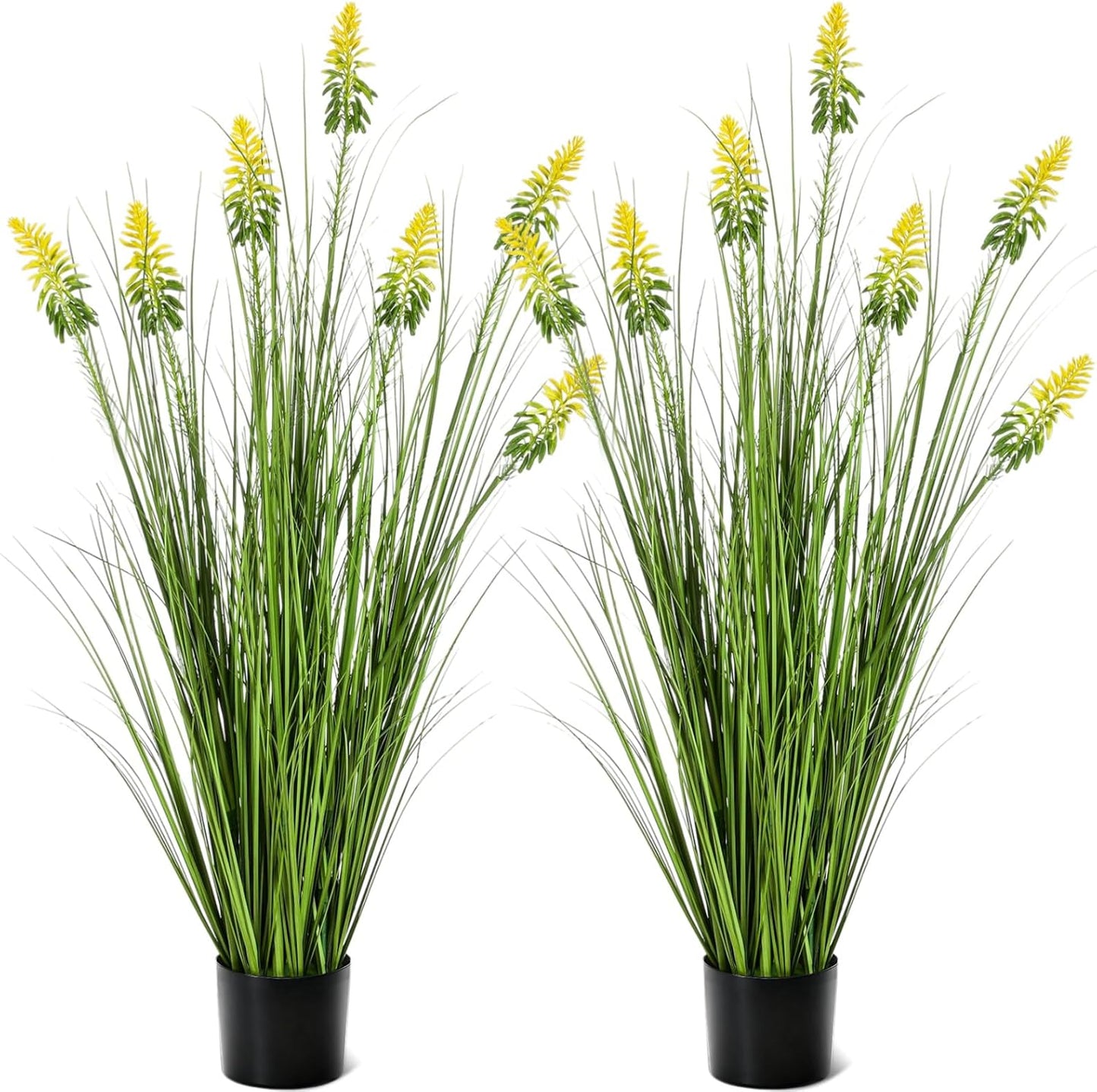 2 Pieces Faux Plants Outdoor 4 ft Horsetail Reed Grass with Yellow Cockscomb Flower Tall Artificial Grass Plant Potted Faux Greenery Floor Plant for Housewarming Gift House Garden Lobby Outdoor