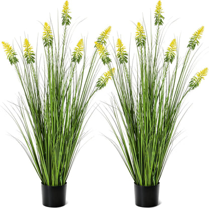 2 Pieces Faux Plants Outdoor 4 ft Horsetail Reed Grass with Yellow Cockscomb Flower Tall Artificial Grass Plant Potted Faux Greenery Floor Plant for Housewarming Gift House Garden Lobby Outdoor