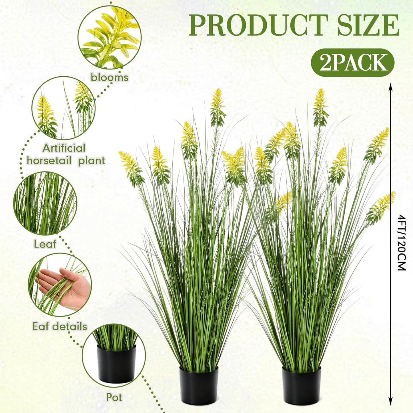 2 Pieces Faux Plants Outdoor 4 ft Horsetail Reed Grass with Yellow Cockscomb Flower Tall Artificial Grass Plant Potted Faux Greenery Floor Plant for Housewarming Gift House Garden Lobby Outdoor