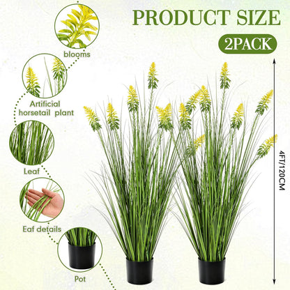 2 Pieces Faux Plants Outdoor 4 ft Horsetail Reed Grass with Yellow Cockscomb Flower Tall Artificial Grass Plant Potted Faux Greenery Floor Plant for Housewarming Gift House Garden Lobby Outdoor