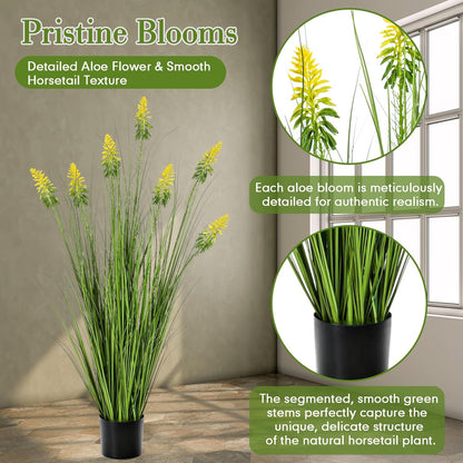 2 Pieces Faux Plants Outdoor 4 ft Horsetail Reed Grass with Yellow Cockscomb Flower Tall Artificial Grass Plant Potted Faux Greenery Floor Plant for Housewarming Gift House Garden Lobby Outdoor