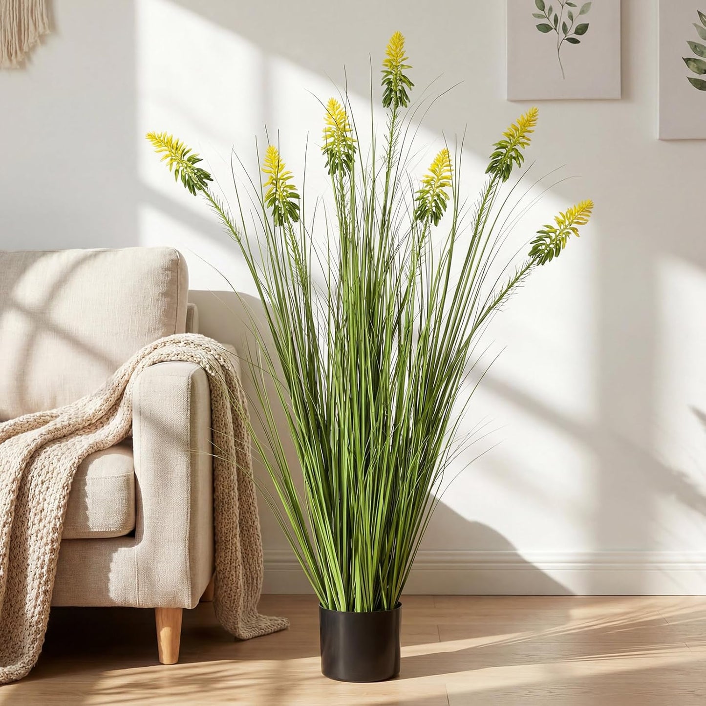 2 Pieces Faux Plants Outdoor 4 ft Horsetail Reed Grass with Yellow Cockscomb Flower Tall Artificial Grass Plant Potted Faux Greenery Floor Plant for Housewarming Gift House Garden Lobby Outdoor